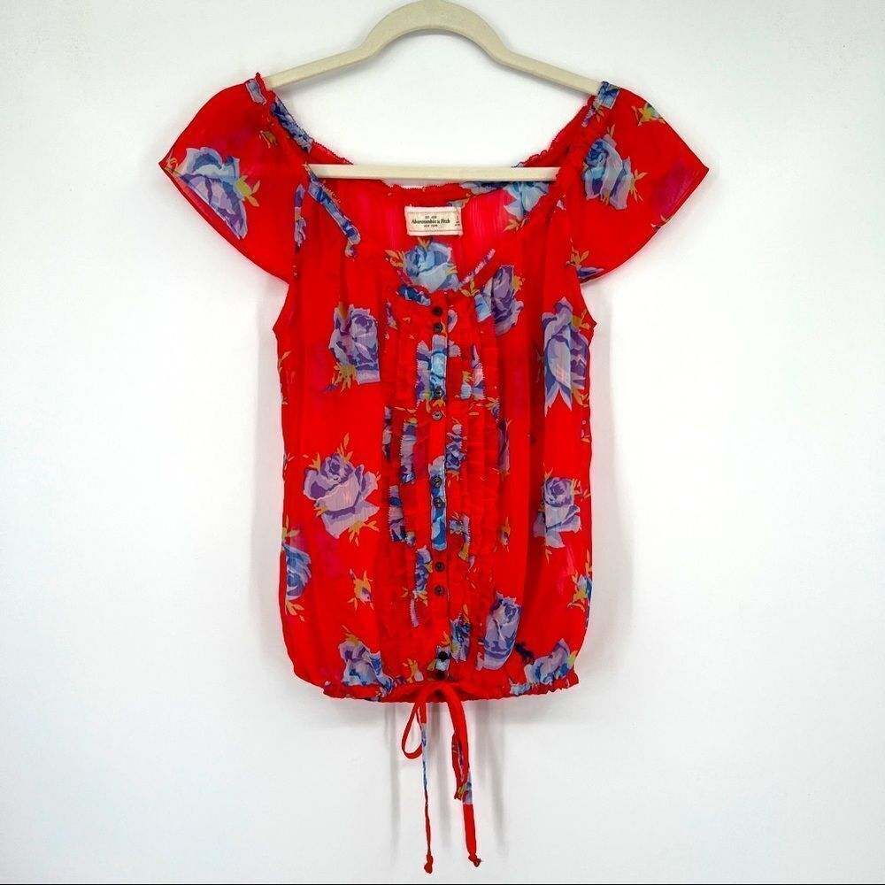 Abercrombie & Fitch Ruffle Floral Print Tie Waist Sheer Red Button V-neck Blouse